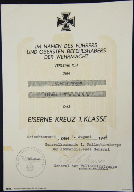 Fallschirmjäger/ Concesión EK1,  "Alfred Schlemm"