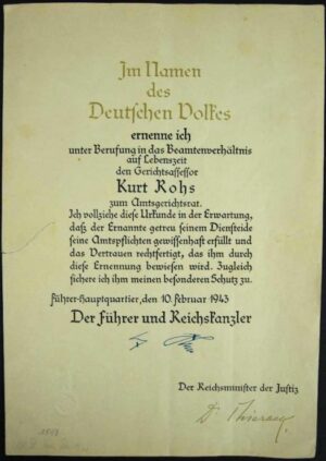 Documento con Firma Faccímil de Hitler y Firma Autografa de "Otto Georg Thierack"