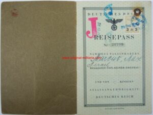 Pasaporte Alemán para un Ciudadano Judio Marcado "J" de 1938