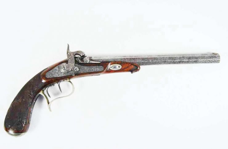 Alemania, Pistola de Duelo Damascus, firmada "F. Weiland in Cassel" circa 1830