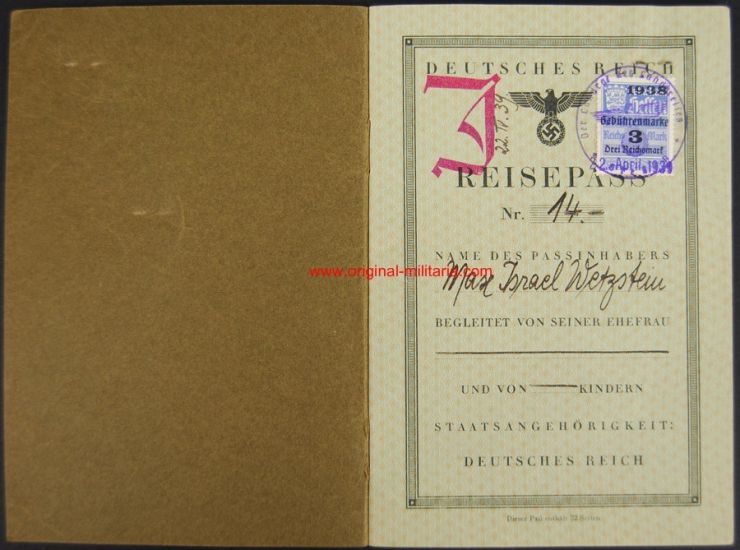 Pasaporte Alemán Marcado "J" para un Trantante de Ganado Judío de 1939