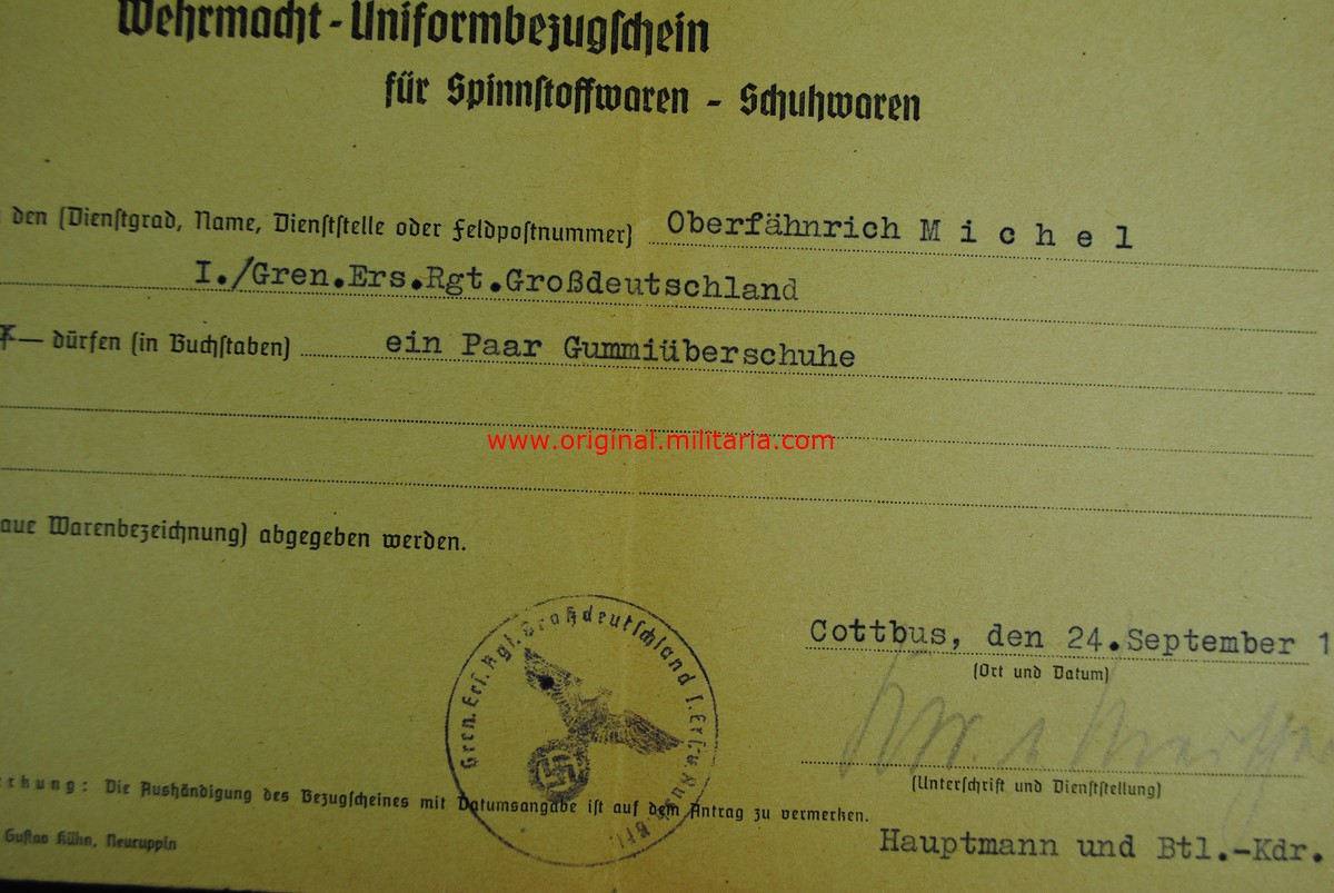 Orden de Compra de Uniforme y Calzado "Rgt. Großdeutschland"