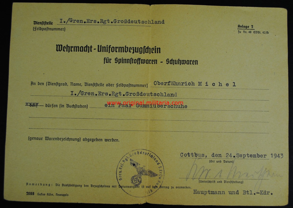 Orden de Compra de Uniforme y Calzado "Rgt. Großdeutschland"