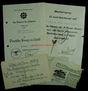 Wehrmacht/Heer/Pz, Preliminary Certificate for the Cross in gold, Awards Documents and Needler by Major «York Guaita», I./Pz-Artill-Reg.16