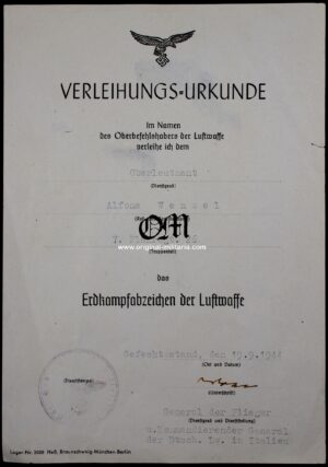 Luftwaffe/ Ground Combat Badge Award Document
