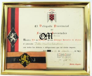 Award Document of the Youth Front of the Falange with its Armband Framed for a Politician. Lion Yellow