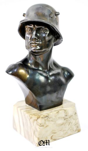 WH/ Busto de Soldado con Casco DD M16/18 Transicional en Metal con Baño de Bronce sobre Peana de Mármol