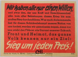 NSDAP/ Extremadamente Raro Cartel de Propaganda Tamaño Naipe del Periódico Mural "Parole der Woche" del año 1942