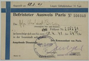 WH/ ID Issued by der Kommandant Von Gross-Paris for one soldier in Paris