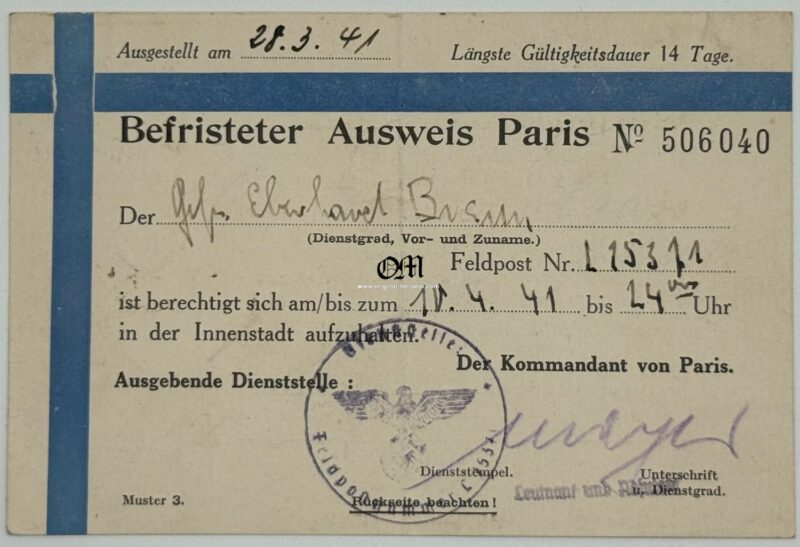 WH/ ID Issued by der Kommandant Von Gross-Paris for one soldier in Paris