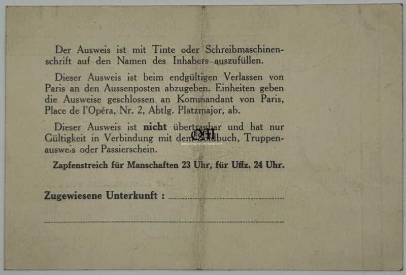 WH/ ID Issued by der Kommandant Von Gross-Paris for one soldier in Paris - Image 2