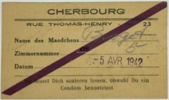 Tarjeta Sanitaria de la Wehrmacht para después de Utilizar los Servicios de una Prostituta. Muy difícil y rara de encontrar.