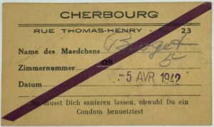 Tarjeta Sanitaria de la Wehrmacht para después de Utilizar los Servicios de una Prostituta. Muy difícil y rara de encontrar.