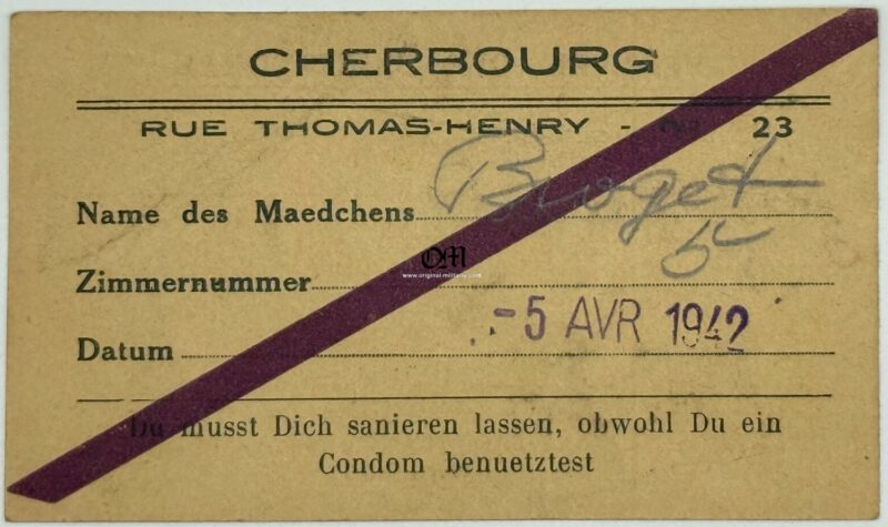 Tarjeta Sanitaria de la Wehrmacht para después de Utilizar los Servicios de una Prostituta. Muy difícil y rara de encontrar.