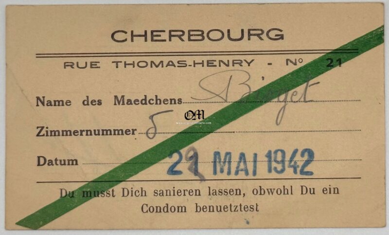Wehrmacht/ Health Card for after Using the Services of a Prostitute. Very Hard to find!!