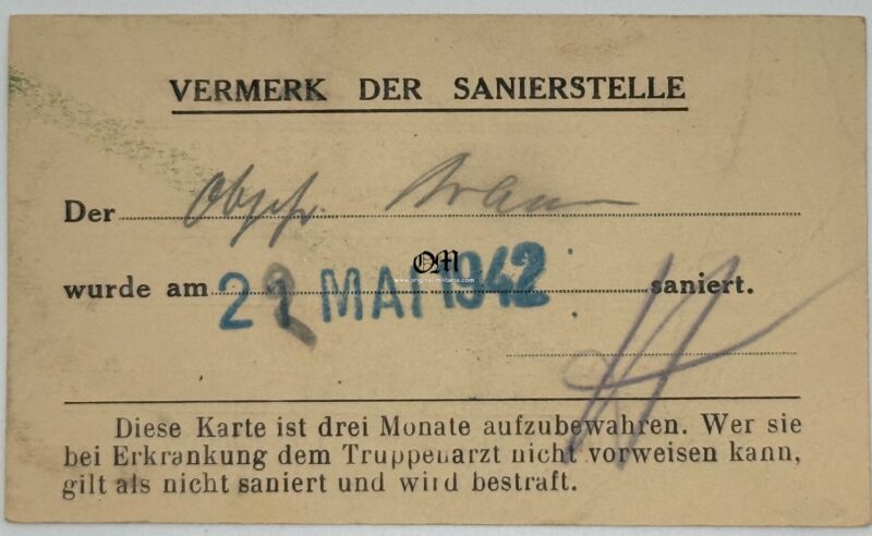 Wehrmacht/ Health Card for after Using the Services of a Prostitute. Very Hard to find!! - Image 2