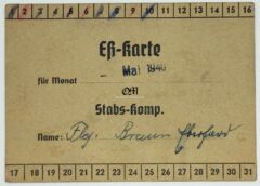 Tarjeta de Racionamiento de Comida de 1940 para un Miembro de Compañia de Estado Mayor de la Wehrmacht