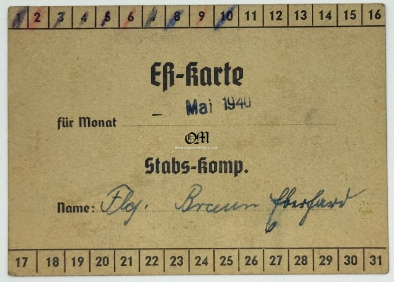 Tarjeta de Racionamiento de Comida de 1940 para un Miembro de Compañia de Estado Mayor de la Wehrmacht